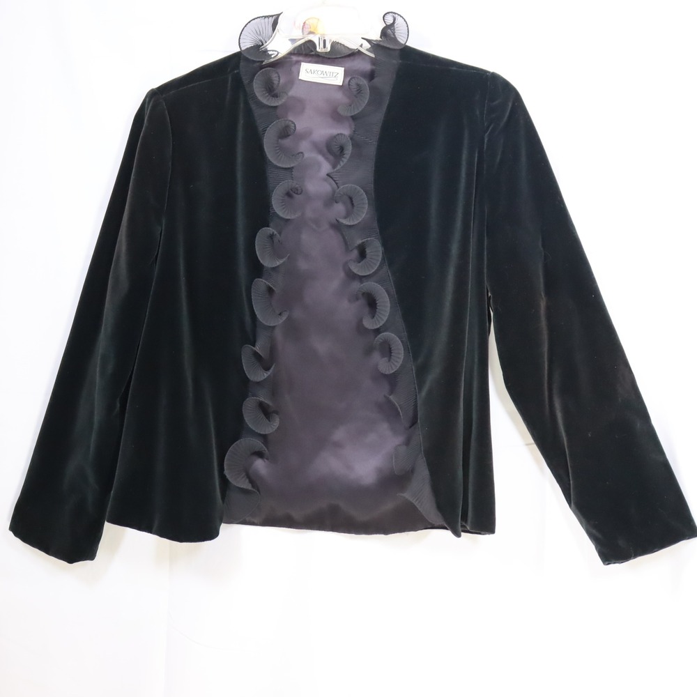 Sakowitz Velvet Evening Jacket L Black Womens Ruffle‎ Trim Bolero Blazer